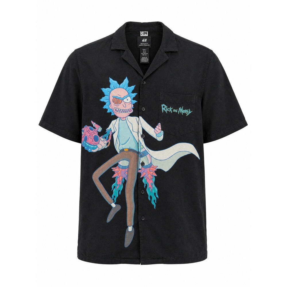 HM x Rick and Morty Cartoon Network Button Up Shirt Mens Small Black Graphic